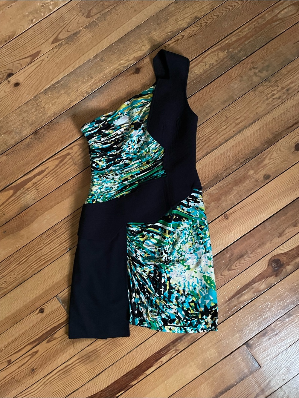 BCBGMaxAzria Runway Black and Teal One-Shoulder Abstract Panel Dress